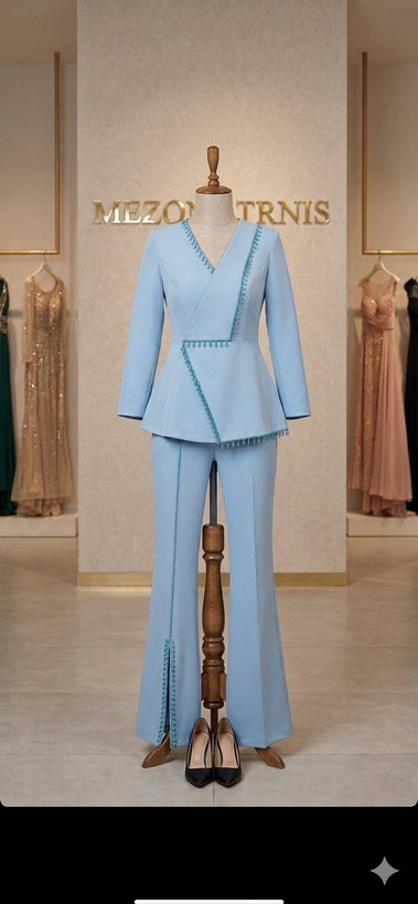 Elegant Light Blue Pearl Embellished Women's Suit Set –
