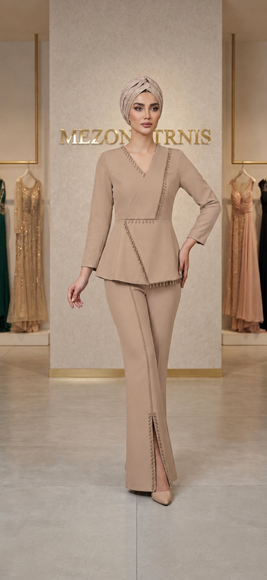 Elegant Light Blue Pearl Embellished Women's Suit Set –
