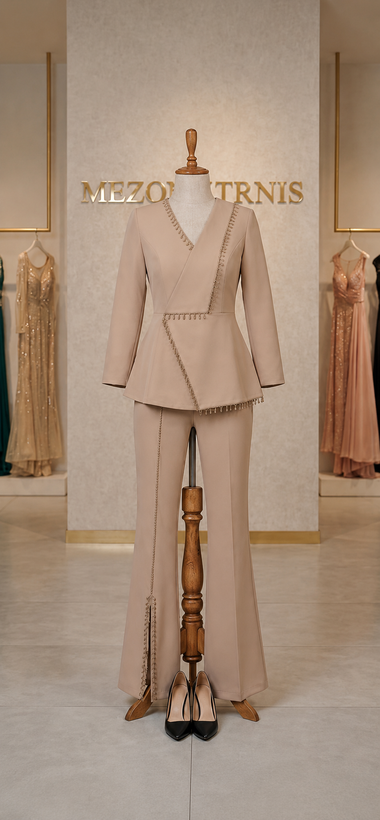 Elegant Light Blue Pearl Embellished Women's Suit Set –