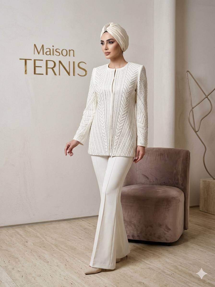 Luxury White Women's Beaded Suit with Hand Embellished Jacket – Maison Ternis