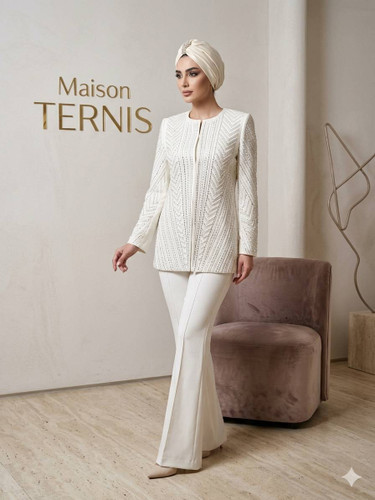 Luxury White Women's Beaded Suit with Hand Embellished Jacket – Maison Ternis