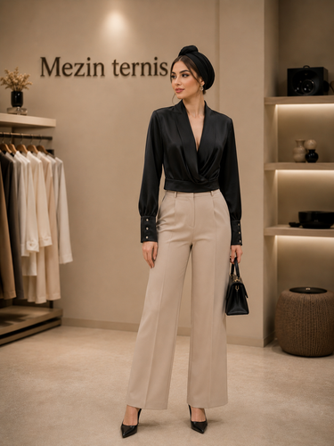 کراپ ساتن یقه آمریکایی زنانه آستین بلند _ کد ۴۱۸
