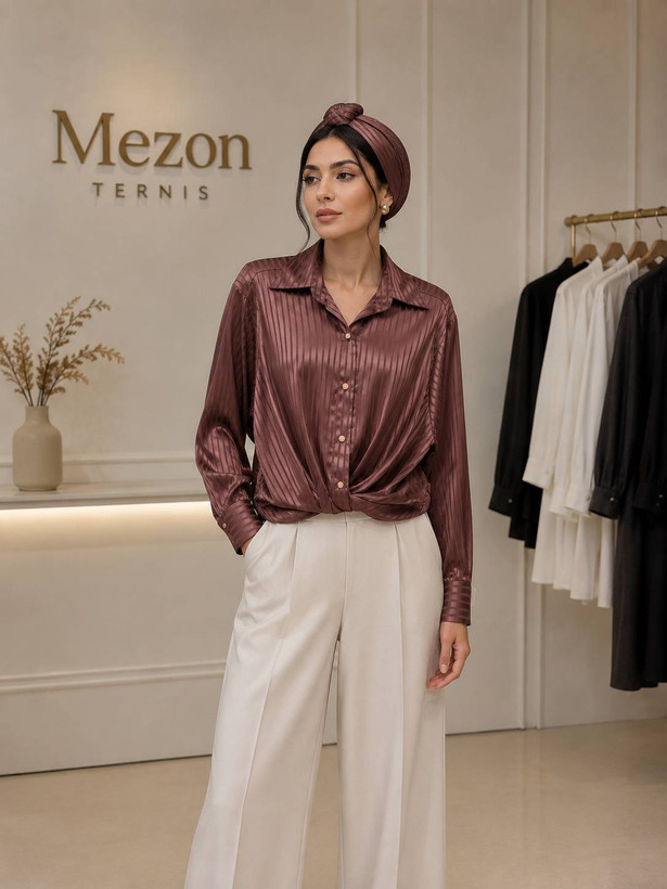 شومیز ساتن راهراه زنانه پایینتنه گرهای_ کد ۴۵۷