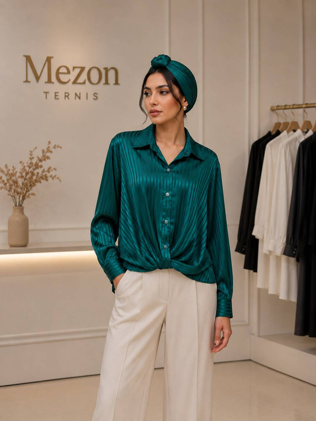 شومیز ساتن راهراه زنانه پایینتنه گرهای_ کد ۴۵۷