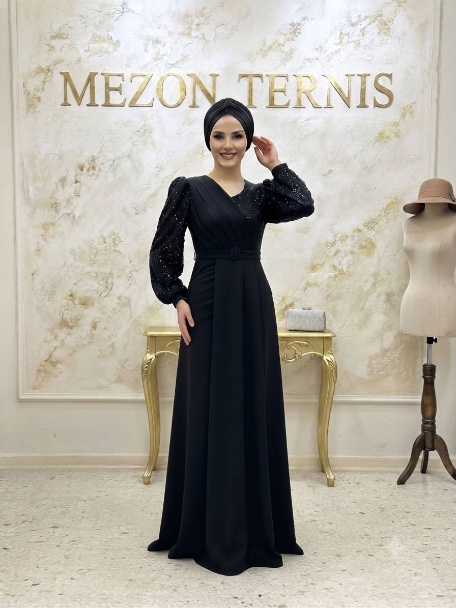 ماکسی مجلسی مشکی مدل کمربندی _ کد ۳۸۱