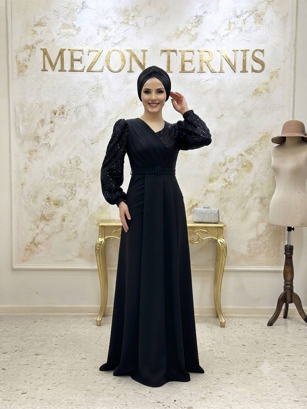 ماکسی مجلسی مشکی مدل کمربندی _ کد ۳۸۱