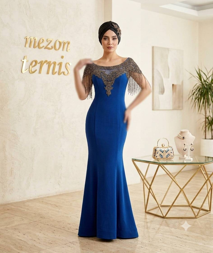 ماکسی ماهی مجلسی آبی کاربنی مزون ترنیس_ کد ۴۰۸