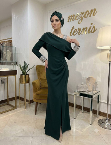 ماکسی مجلسی سبز یشمی تکسرشانه مزون تدنیس _ کد ۴۱۲