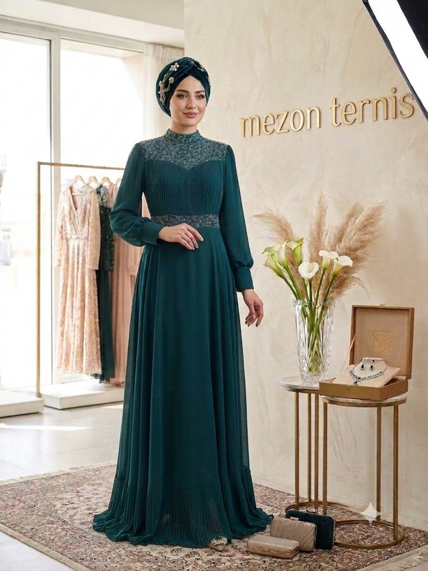 ماکسی مجلسی بلند زنانه ترنیس مدل پلیسه آستانه، نگیندوزی بالاتنه _ کد۴۲۷