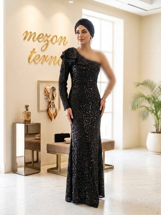 ماکسی مجلسی تکسرشانه مشکی زنانه ترنیس مدل پولکی شاین _ کد ۴۲۸