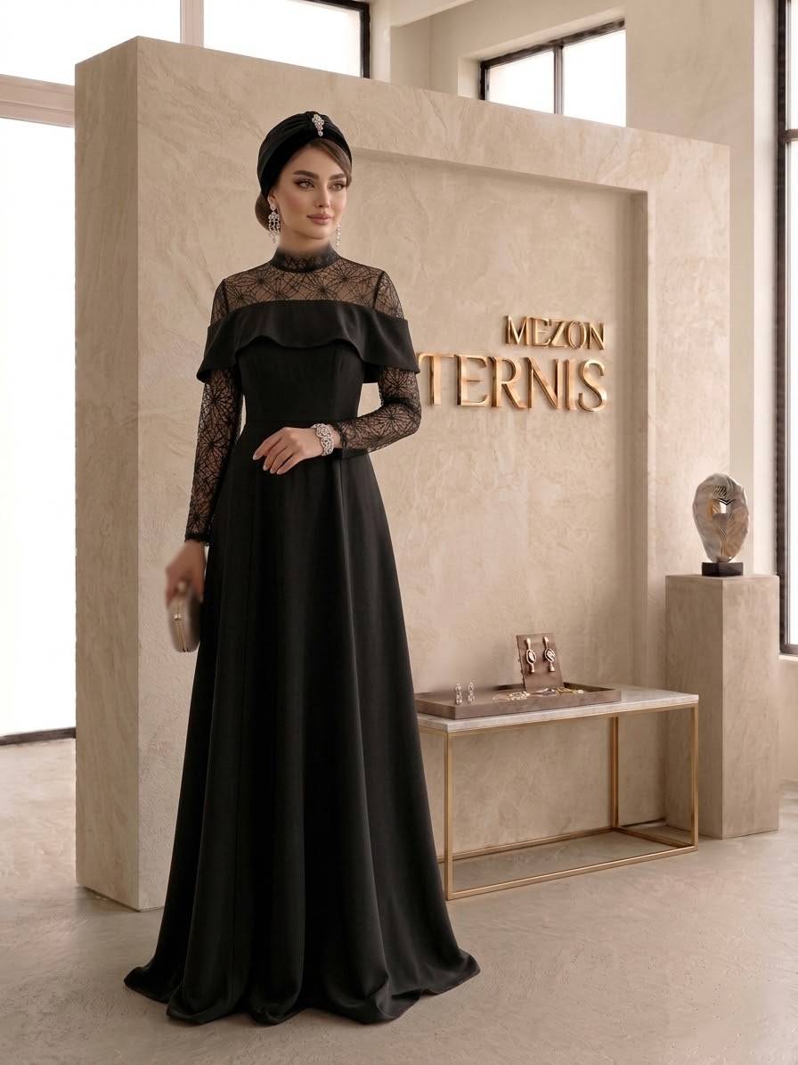 ماکسی مجلسی بلند زنانه ترنیس مدل یقه ایستاده، بالاتنه تور طرح‌دار _ کد ۴۳۰