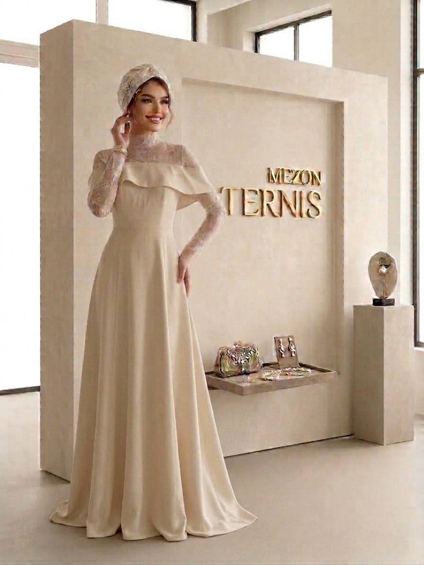 ماکسی مجلسی بلند زنانه ترنیس مدل یقه ایستاده، بالاتنه تور طرحدار _ کد ۴۳۰